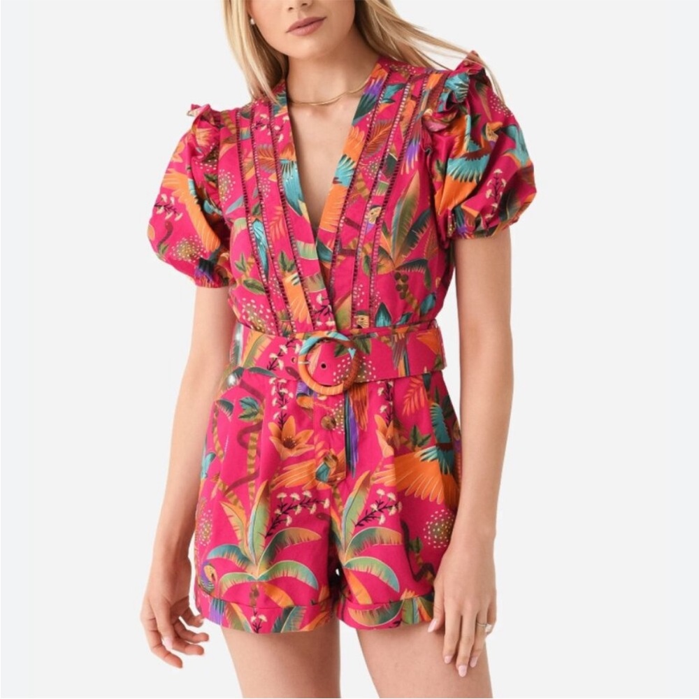 FARM Rio Pink Tropical Print Belted Puff-Sleeve Romper